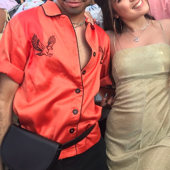 Orange silk button up with tiny black design - Picture 5 of 5